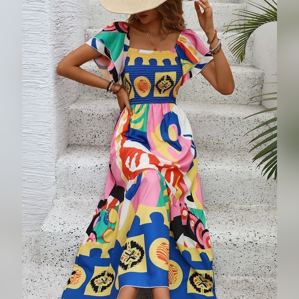 Women's Geometric Print V Neck Ruffle Short Sleeve Dress - Picture 4 of 6